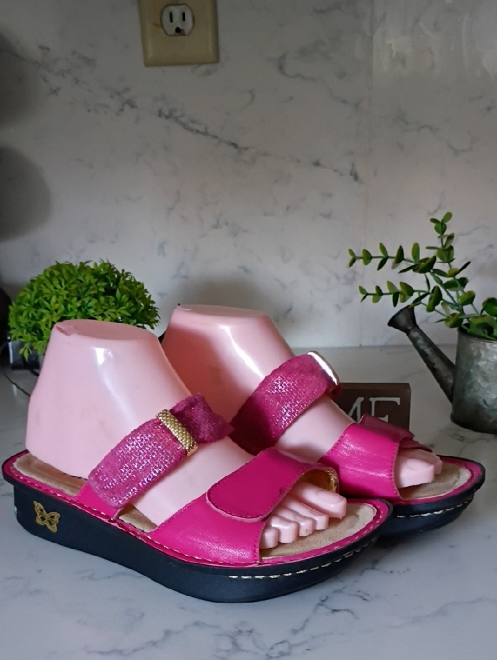 Alegria Hot Pink Women's Slide Sandals with Gold Accent